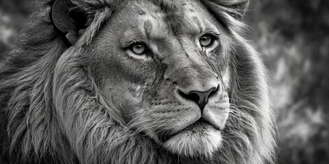 Portrait of an adult male lion in closeup.