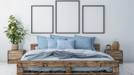 Interior design of modern bedroom with a large wooden bed with blue pillows and blanket, wooden bedside tables and photo frames mockup on the wall, front view