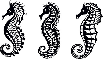 Sea creatures. marine style. Fish skeleton seahorse. Black and white layout for laser cutting on wood and vinyl. Wall decoration for a stylish room. © Юлия Дубина