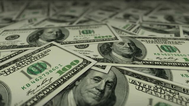 US American Dollar Bills Money - Camera flying Close up over stacked – $100 Banknotes, 3D Render