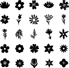 Set of black silhouettes of flowers and plants. Vector illustration. Minimalist collection of flowers, in boho style. Laser cutting, mock-up of earrings and designs
