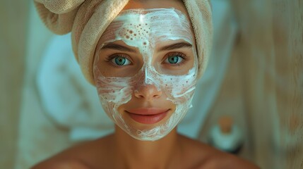 Happy Woman Applying Facial Mask for a Glowing Morning Skincare Routine
