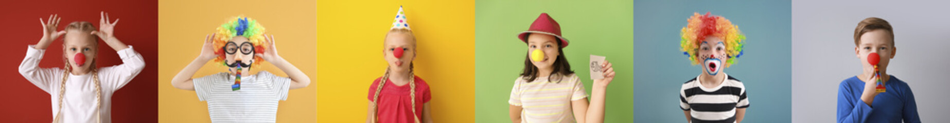 Collage of funny children in disguise on color background. April Fools' Day