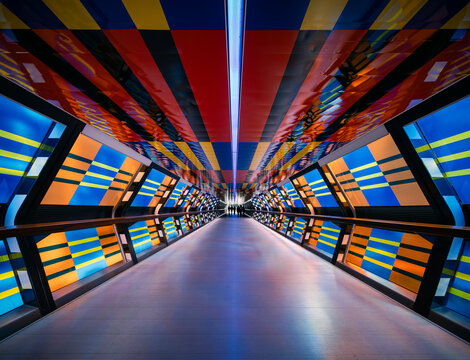 London, England: colorful passage  Adams Plaza Bridge at Canary Wharf by Camille Walala 