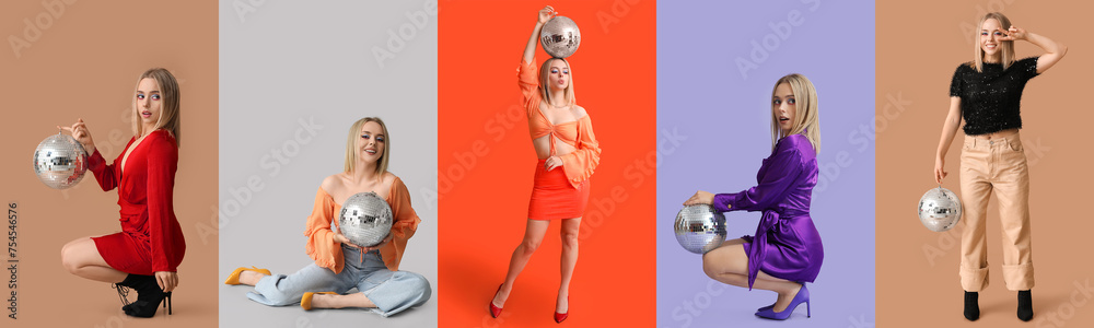 Sticker collage of stylish blonde woman in different clothes and with disco ball on color background