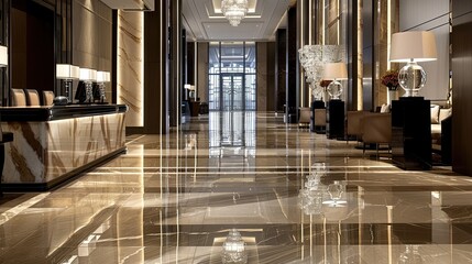The symmetry of the lobby is highlighted by the gleaming marble floor stretching towards the reception desk, - obrazy, fototapety, plakaty