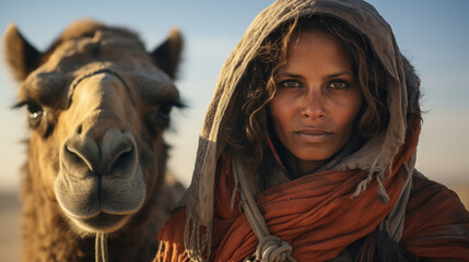 Middle eastern woman with a camel in the desert.
