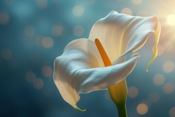 A white flower with a yellow stem is the main focus of the image - obrazy, fototapety, plakaty