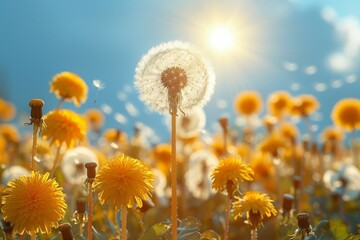 A field of yellow flowers with a single dandelion in the middle