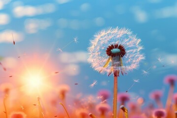 A dandelion is in the foreground of a field of flowers