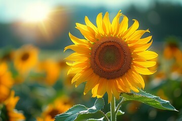 A large yellow sunflower is the main focus of the image