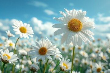 A field of white daisies with a blue sky in the background