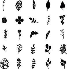 Set of black silhouettes of flowers and plants. Vector illustration. Minimalist collection of flowers, in boho style. Laser cutting, mock-up of earrings and designs