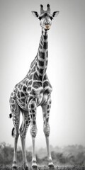 Full length portrait of a giraffe in close-up on a black and white photo.