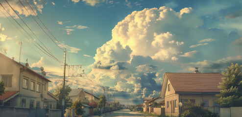 cloud over street and houses, realistic landscapes with soft, tonal colors. Generative AI - obrazy, fototapety, plakaty