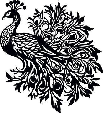 peacock bird. Black and white layout for laser cutting on wood and vinyl. Wall decoration for a stylish room.