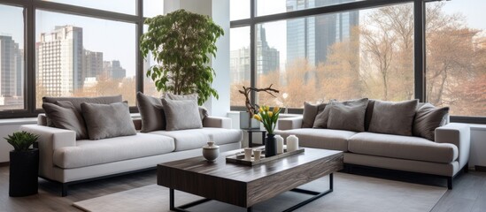 Fototapeta premium A spacious living room filled with modern grey sofas and a coffee table, all bathed in natural light streaming in through large, expansive windows.