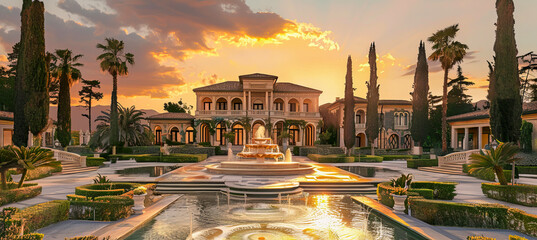 Luxurious Mediterranean mansion with fountain and gardens at sunset, dramatic sky. A perfect vacation home. - obrazy, fototapety, plakaty