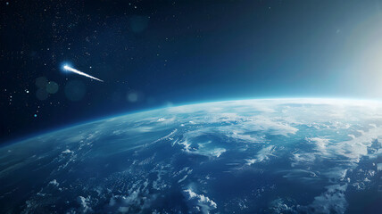A view from space, of a rocket flying out of the atmosphere of planet Earth. Generative AI