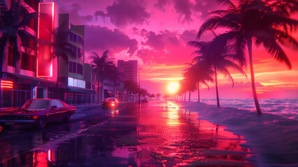 Vice City in the 1984 year, the beachside drenched in the sunset hues. Generative AI
