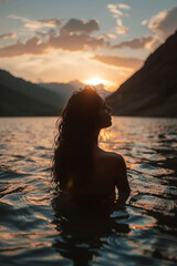 Fototapeta premium Back View of Unrecognizable Female Silhouette Standing in Rippling Sea Water Enjoying Sunset Over Mountains