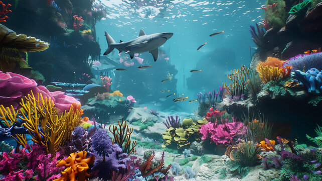colorful caral reef with sharks. Generative AI
