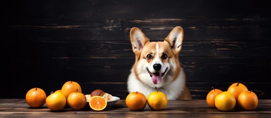 Adorable Canine Companion Relaxing by Vibrant Oranges at a Farmer's Market