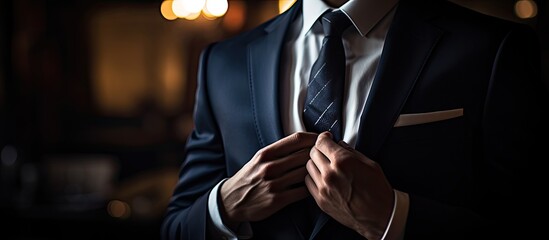 Confident businessman adjusting elegant tie before important meeting in a sleek office setting - obrazy, fototapety, plakaty