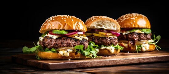 Three Appetizing Hamburgers Arranged on a Rustic Wooden Board