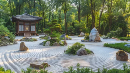  The heart of the Japanese garden, a place for meditation.Zen garden, which is a miniature stylized landscape. It is filled with compositions of stones, gravel, white sand and plants. Generative AI © Юрий Маслов