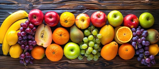 A variety of colorful and fresh fruits are arranged neatly on a table, showcasing a selection of healthy and delicious options.