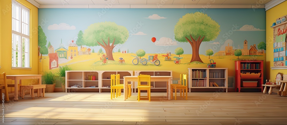 Wall mural Tranquil Room with Vibrant Tree Mural and Cozy Yellow Chair for Relaxation