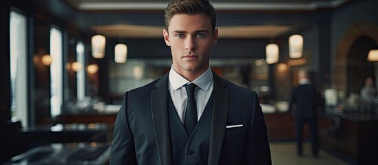 Fototapeta premium Confident Businessman in Elegant Attire Posing in Modern Office Environment