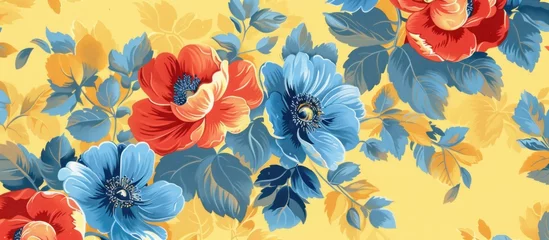 Gordijnen Bright yellow background adorned with detailed red and blue flowers. © FryArt Studio