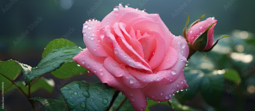 Poster Vibrant Pink Rose Blossom Glistening with Fresh Water Droplets, Botanical Beauty Close-Up