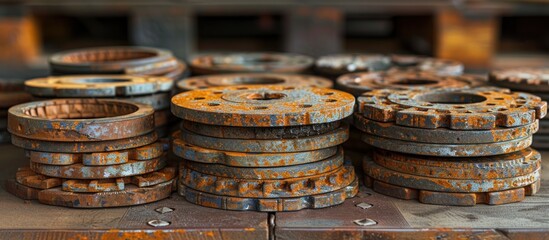 A stack of rusty metal wheels, possibly clutch discs, rests on top of a weathered wooden table.
