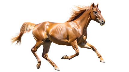 stallion: galloping brown horse isolated white background