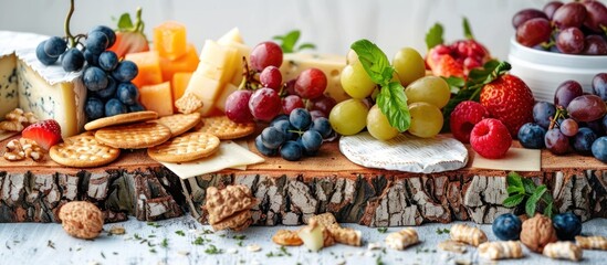 An array of various cheeses, crackers, grapes, and strawberries neatly presented on a wooden platter, creating a delectable and visually appealing display.