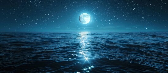 A full moon casting its light over a serene lake, creating a shimmering reflection on the waters surface.