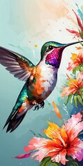 Watercolor painting of a hummingbird with flowers.