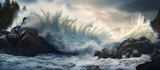 Dramatic Ocean Wave Crashing Powerfully Against Coastal Rocks in Stormy Weather
