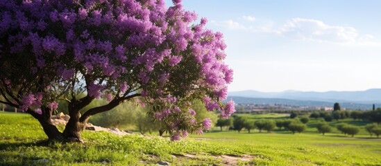 Enchanting Nature: Majestic Tree Adorned with Lush Purple Blossoms in Blooming Spring Garden