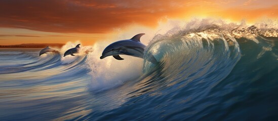 Dynamic Duo: Joyful Dolphins Surfing the Crest of a Wave in the Vast Ocean Waters