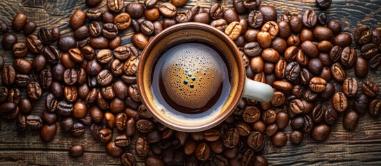 A ceramic cup filled with freshly brewed coffee sits surrounded by a pile of aromatic coffee beans, creating a warm and inviting scene. - obrazy, fototapety, plakaty