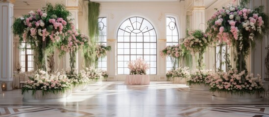 Fototapeta na wymiar The room is filled with an array of white and pink flowers, creating a stunning display for a wedding event. Bouquets of various sizes and arrangements adorn the space,