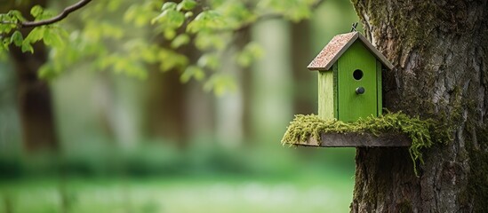 Whimsical Birdhouse Adorned on a Hanging Tree Branch in a Peaceful Garden Setting