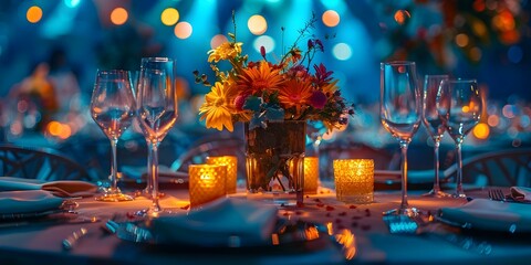 Vibrant Charity Gala Dinner with Elegant Table Settings and Cause. Concept Charity Gala Dinner, Elegant Table Settings, Vibrant Atmosphere, Fundraising Evening, Philanthropic Cause - obrazy, fototapety, plakaty