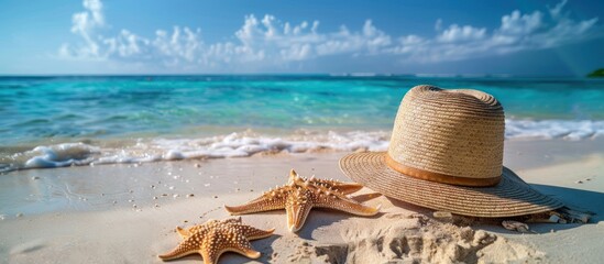 A straw hat and a starfish are placed on the sandy beach, under the sun. - obrazy, fototapety, plakaty