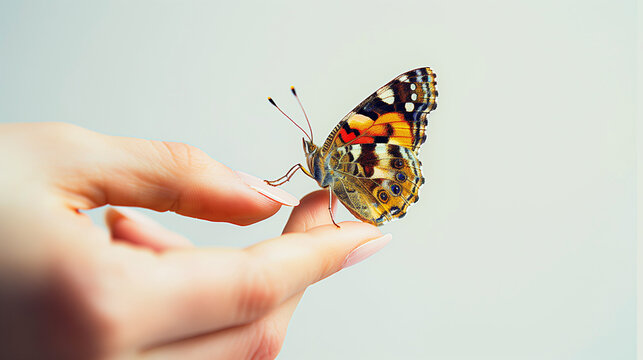 Butterfly on fingertips, close up, isolated on white, concept of sensitive, mental health care, protect, fragile beautiful thing.
- Powered by Adobe