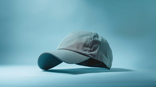 Gray fabric baseball cap on light blue background